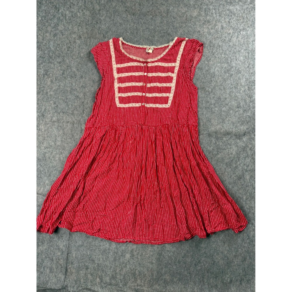 Free People Mini Dress Womens Small Red Rayon Boho Lace Polka Dot Festival Chic